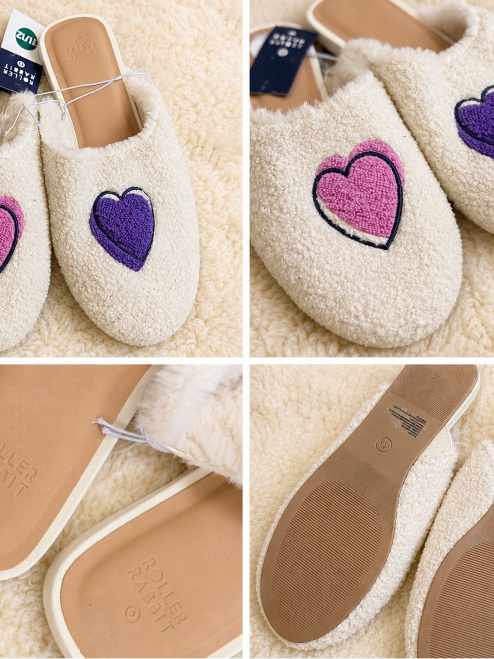 Roller Rabbit Cream Sherpa Slip-On Slippers with Pink & Purple Heart